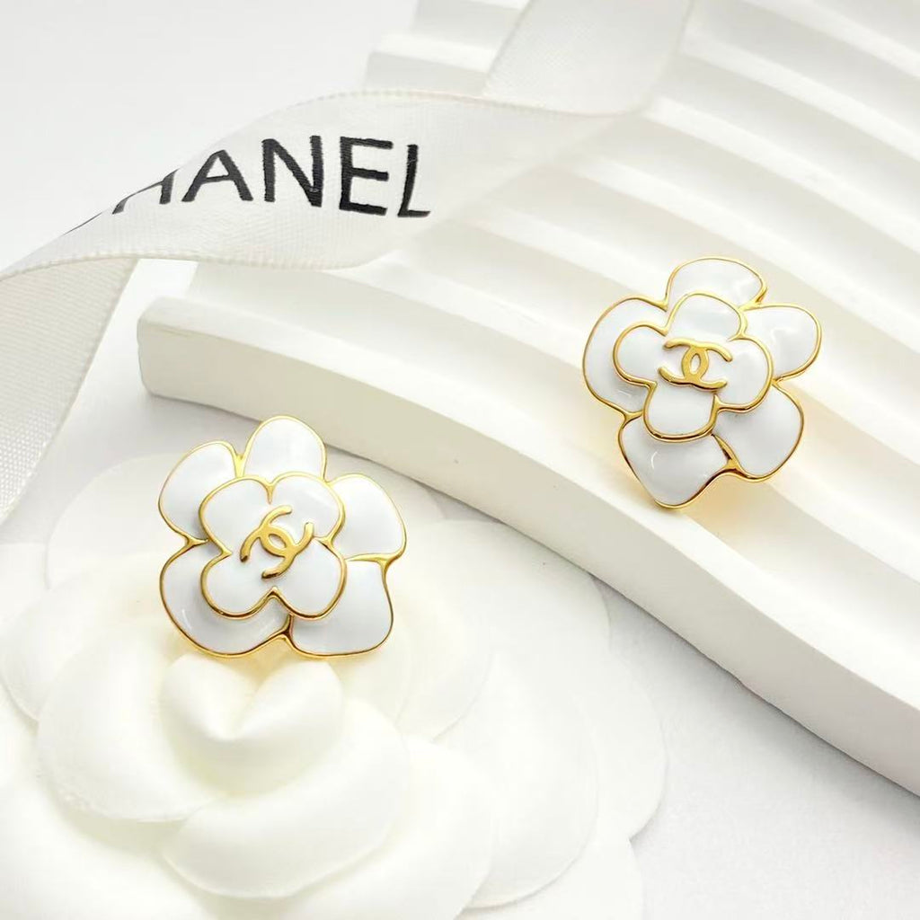 Camellia Stud Earrings in Polished Metal-Tone – Camellia Detail – Design 048 main product view