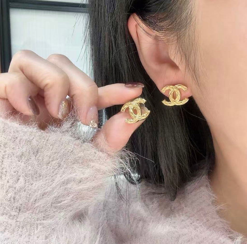 Double-C Emblem Stud Earrings in Gold-Tone – Design 042 front product view