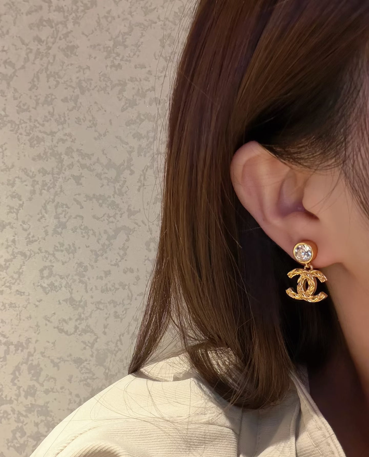 Double-C Emblem Stud Earrings in Gold-Tone – Design 046 front product view