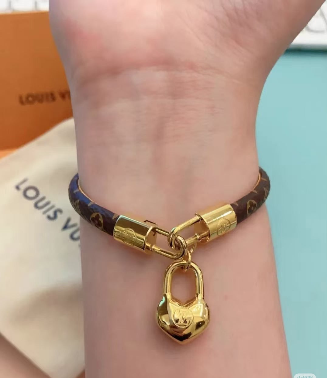 Geometric Emblem Leather-Detail Bracelet – Leather Detail – Design 026 front product view
