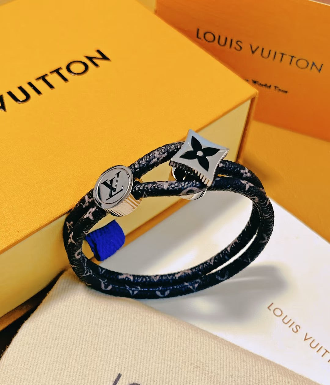 Geometric Emblem Bangle in Gold-Tone – Leather Detail – Design 005 front product view