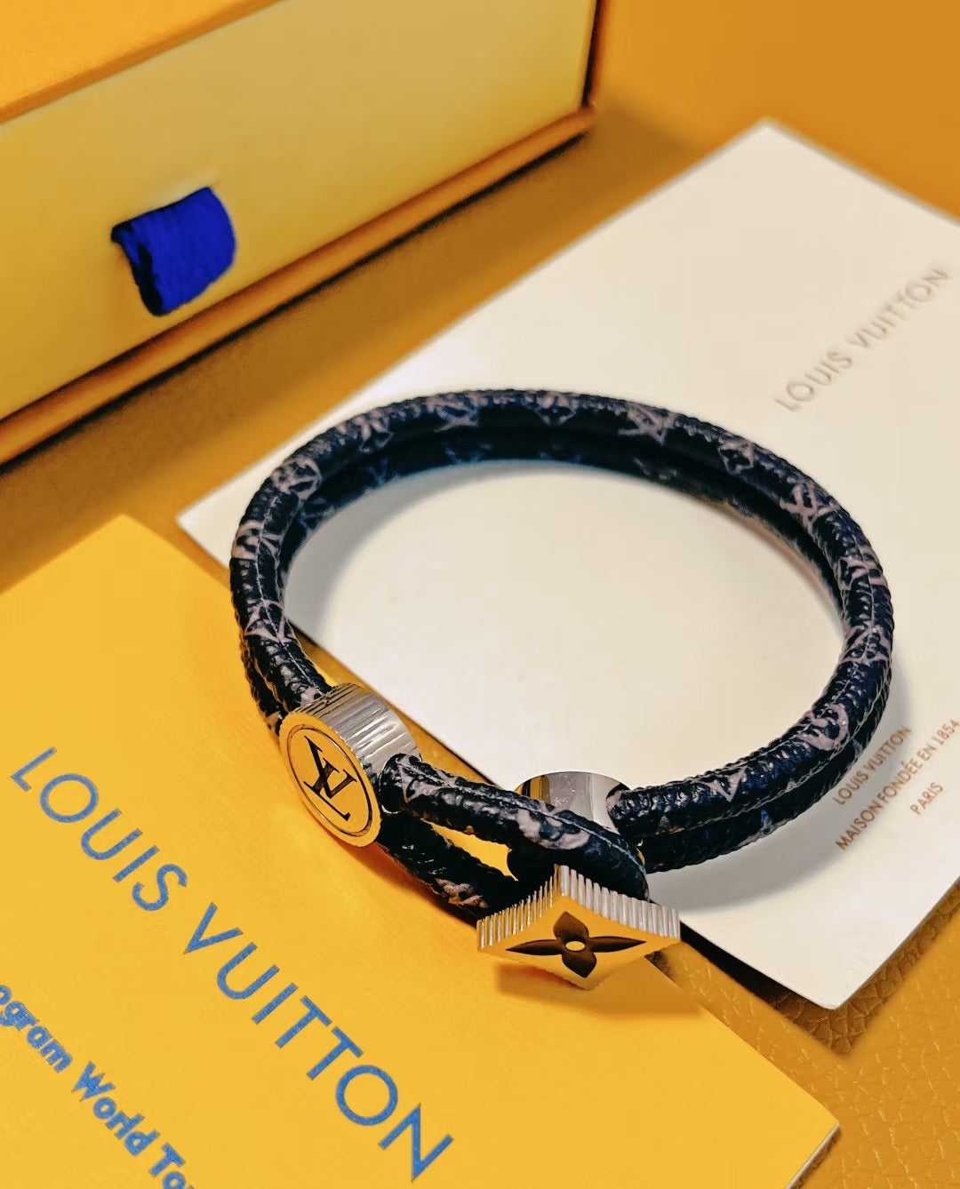 Geometric Emblem Bangle in Gold-Tone – Leather Detail – Design 008 main product view