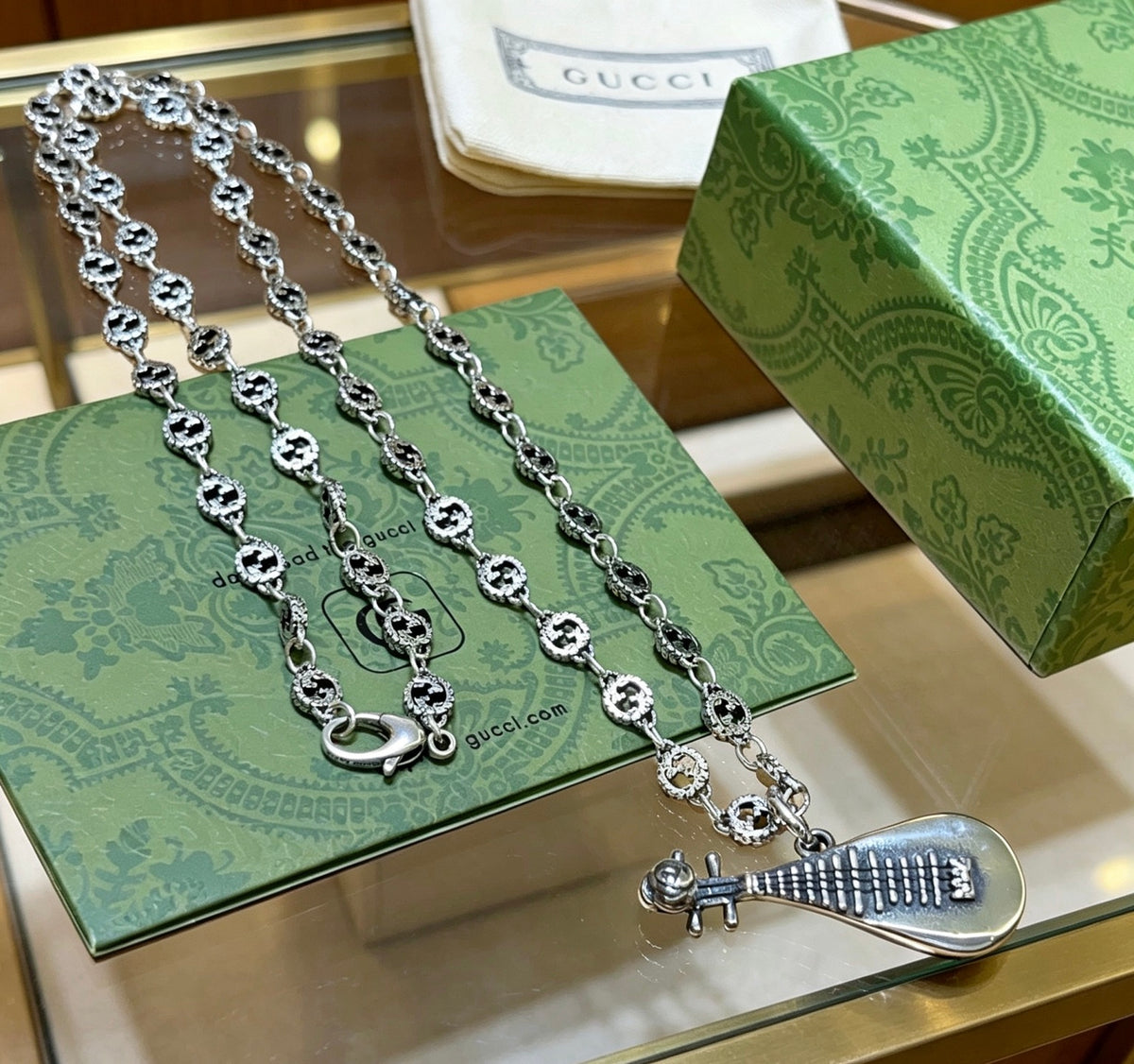 Double-G Emblem Pendant Necklace in Polished Metal-Tone – Design 230 front product view