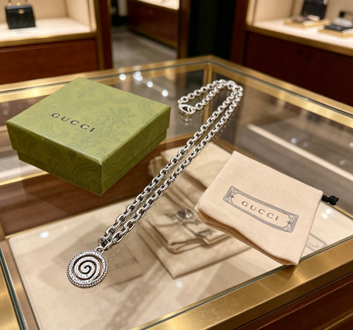 Double-G Emblem Pendant Necklace in Polished Metal-Tone – Design 228 front product view