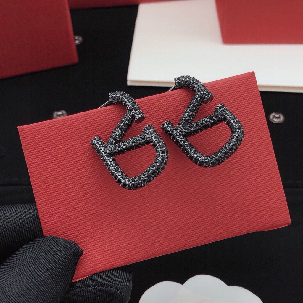 Signature Emblem Crystal-Accent Stud Earrings – Black – Design 02 front view