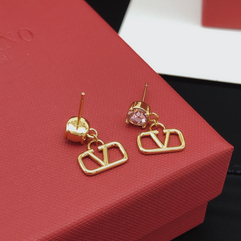 V Emblem Crystal-Accent Stud Earrings – Pink – Design 02 styled detail