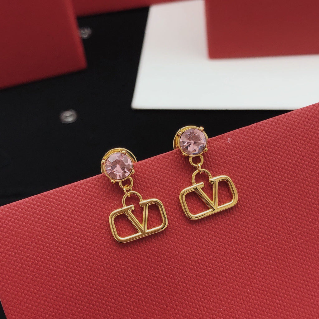 V Emblem Crystal-Accent Stud Earrings – Pink – Design 02 side detail
