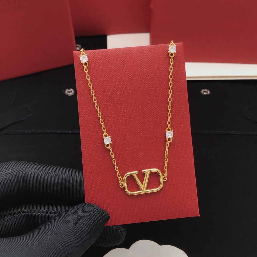 V Emblem Crystal-Accent Pendant Necklace – Design 08 main product view