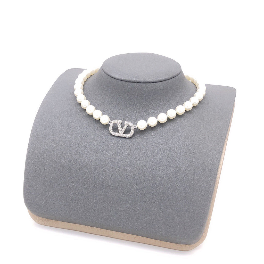 V Emblem Crystal-Accent Pendant Necklace – Design 07 styled detail