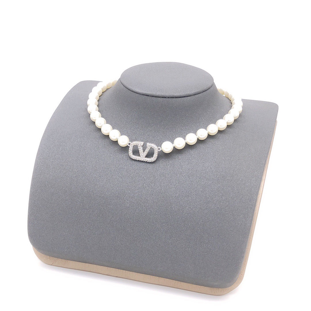 V Emblem Crystal-Accent Pendant Necklace – Design 07 styled detail