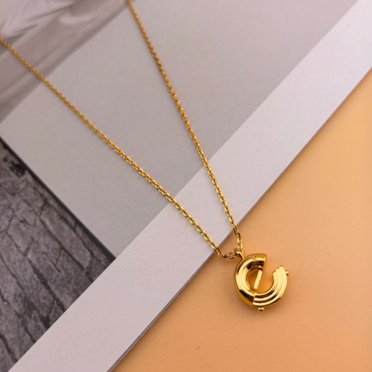 Geometric Emblem Pendant Necklace in Polished Metal-Tone – Design 041 detail view