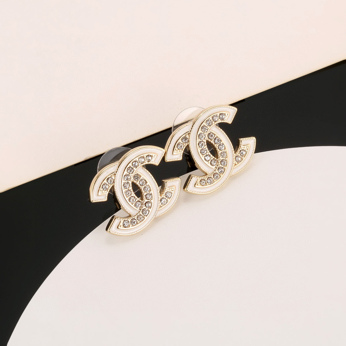 Double-C Emblem Stud Earrings in Polished Metal-Tone – Design 024 side detail