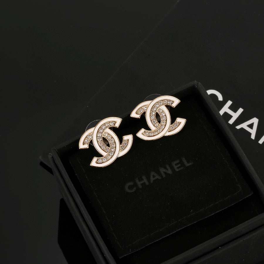 Double-C Emblem Stud Earrings in Polished Metal-Tone – Design 024 main product view