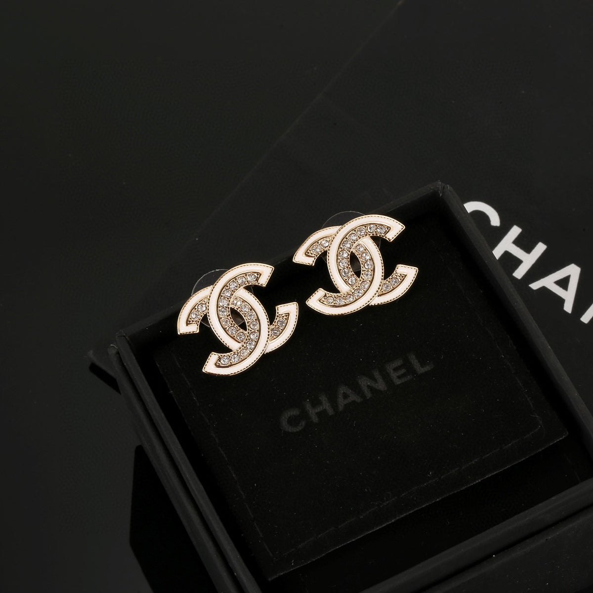 Double-C Emblem Stud Earrings in Polished Metal-Tone – Design 438 main product view
