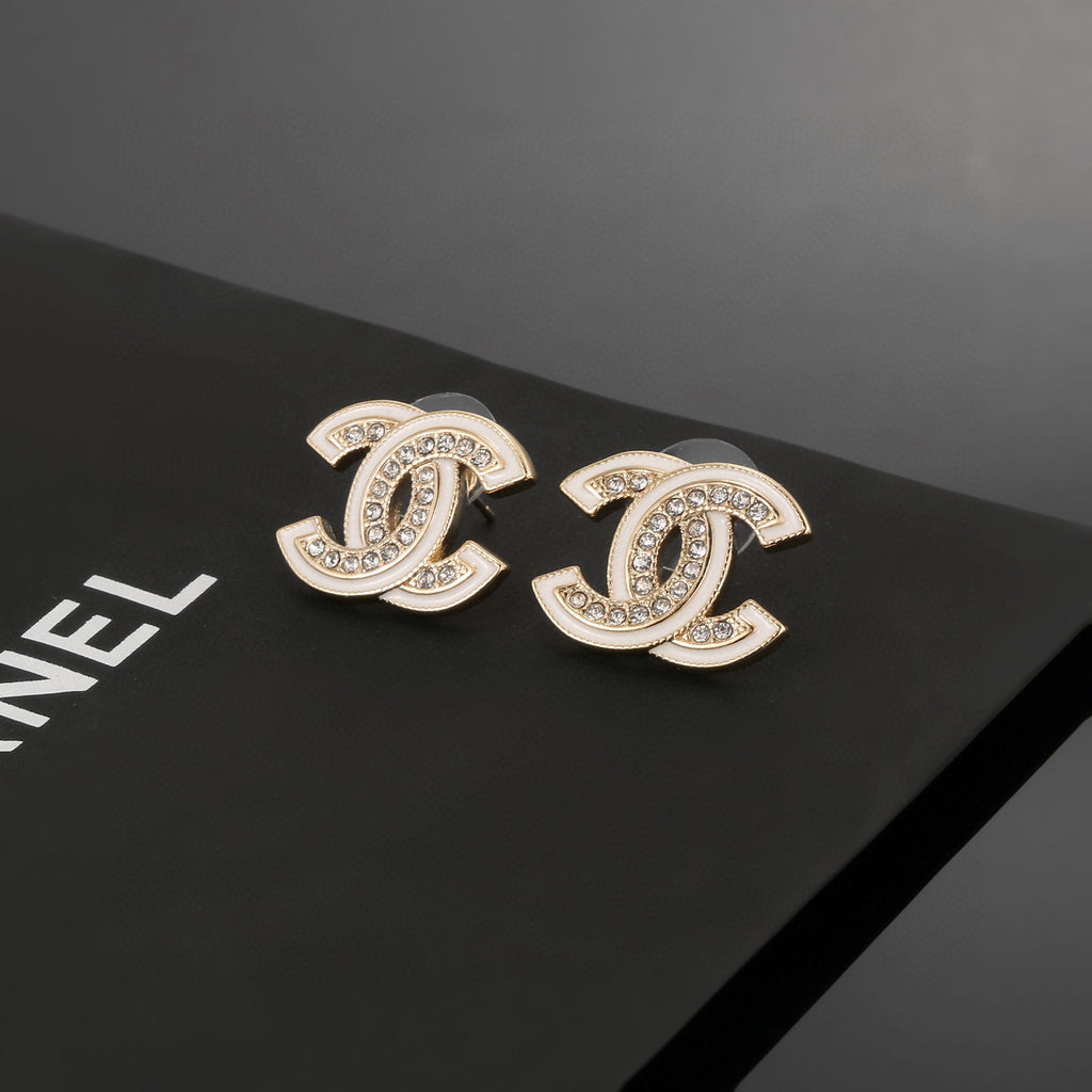 Double-C Emblem Stud Earrings in Polished Metal-Tone – Design 438 styled product view