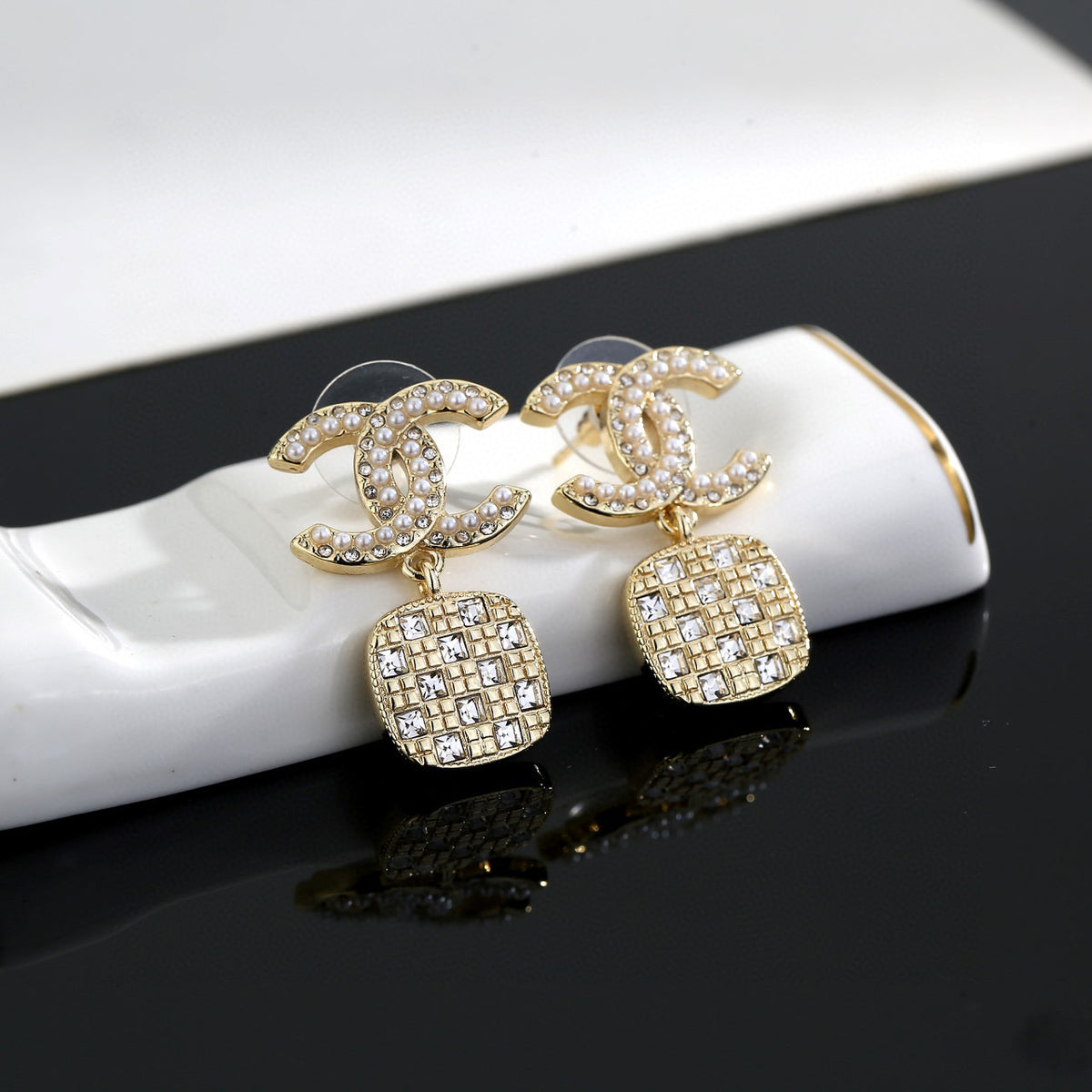 Signature Emblem Stud Earrings in Gold-Tone – Design 079 side detail