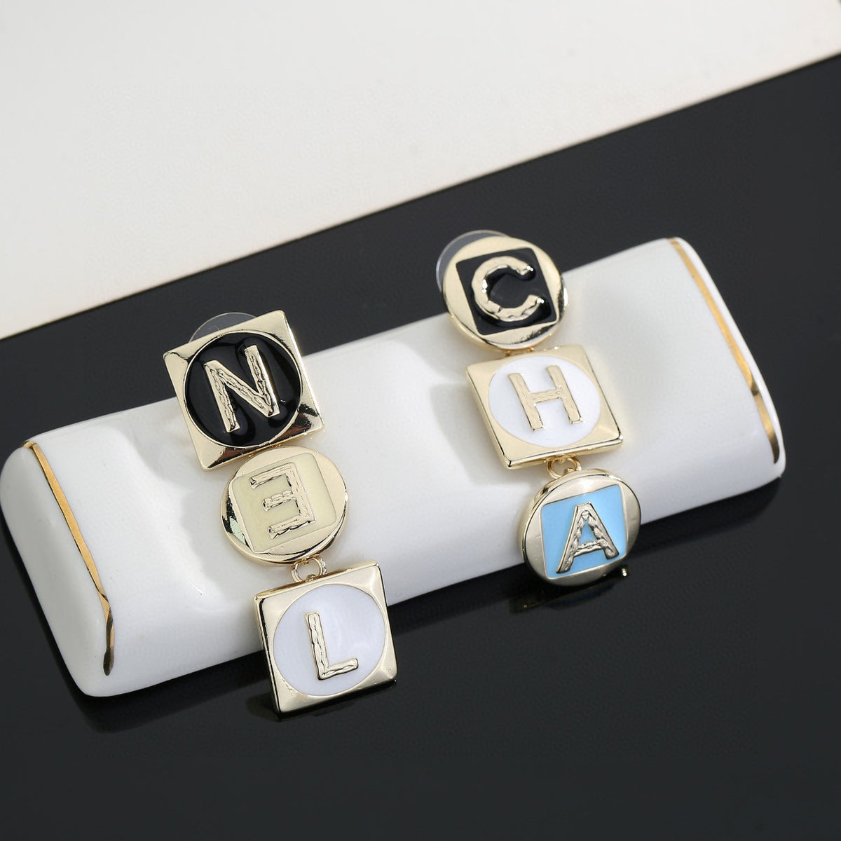 Letter Stud Earrings in Polished Metal-Tone – Design 019 detail view