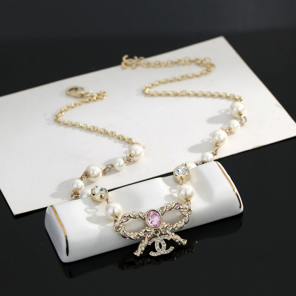 Bow Pearl-Detail Pendant Necklace – Pearl Detail – Design 012 main product view