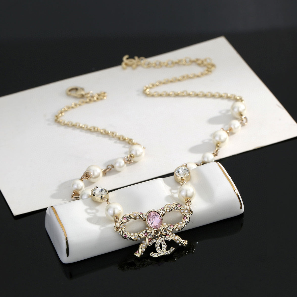 Bow Pearl-Detail Pendant Necklace – Pearl Detail – Design 012 main product view