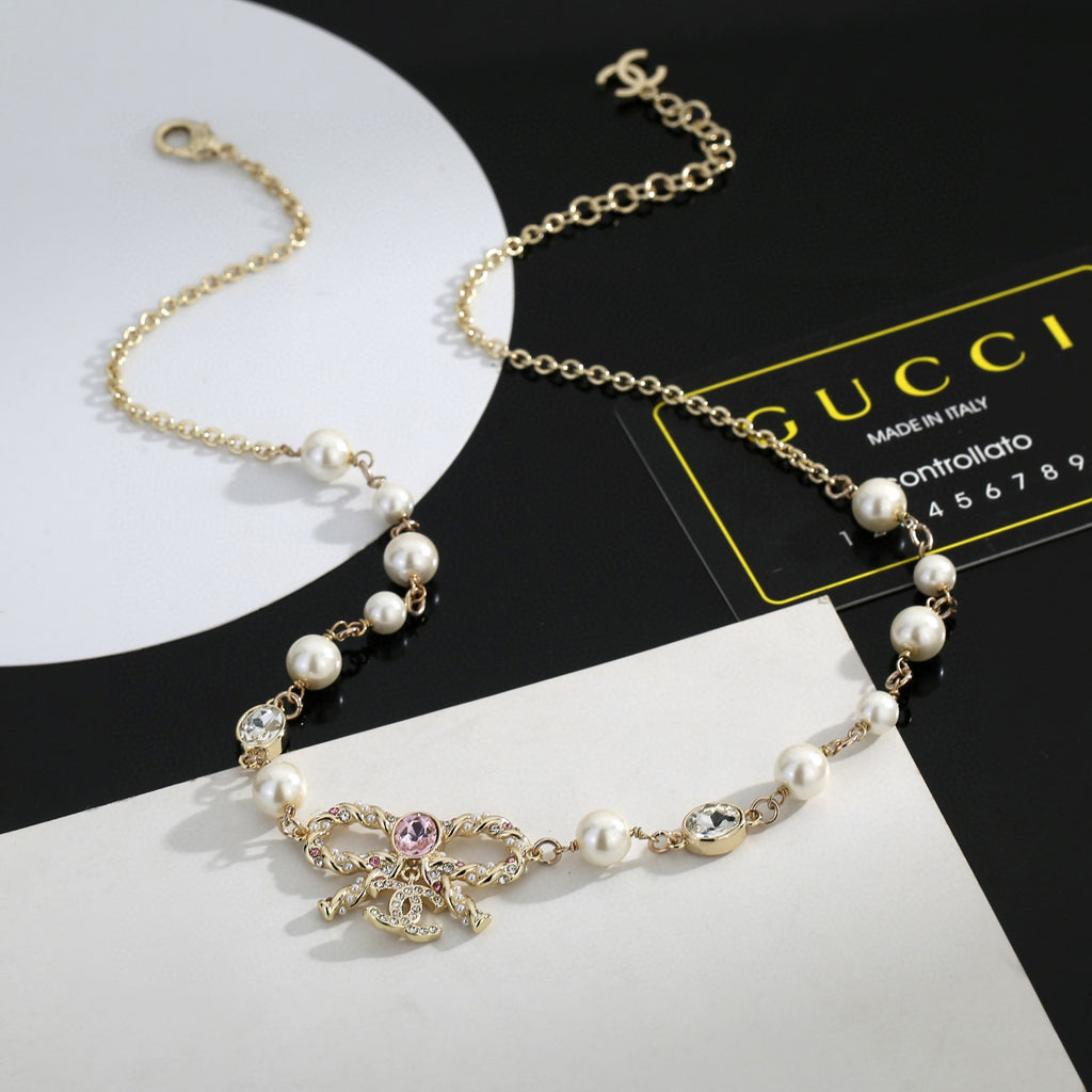Bow Pearl-Detail Pendant Necklace – Pearl Detail – Design 012 main product view