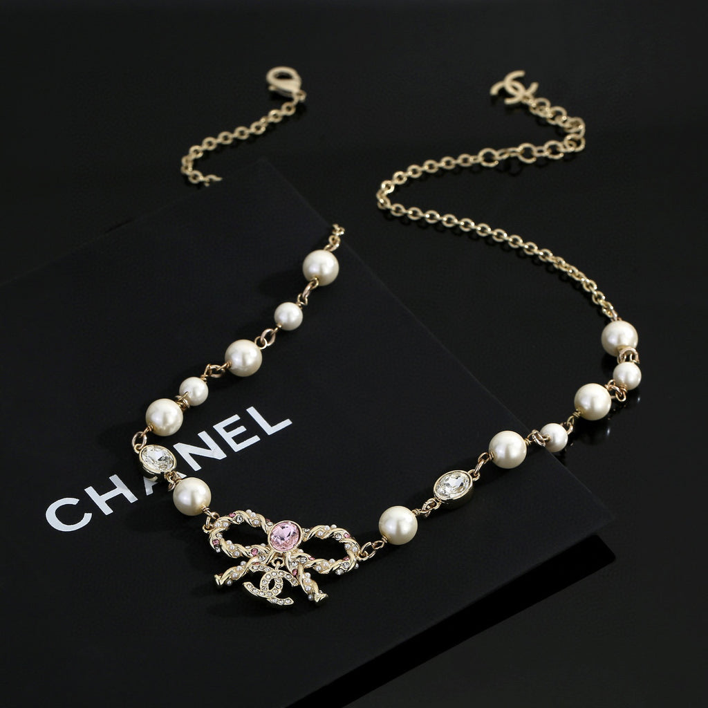Bow Pearl-Detail Pendant Necklace – Pearl Detail – Design 012 front product view