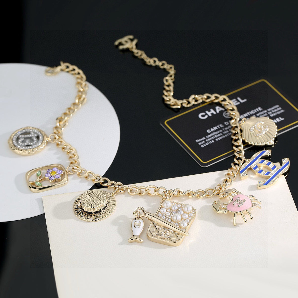Double-C Emblem Pendant Necklace in Gold-Tone – Shell Detail – Design 002 front product view