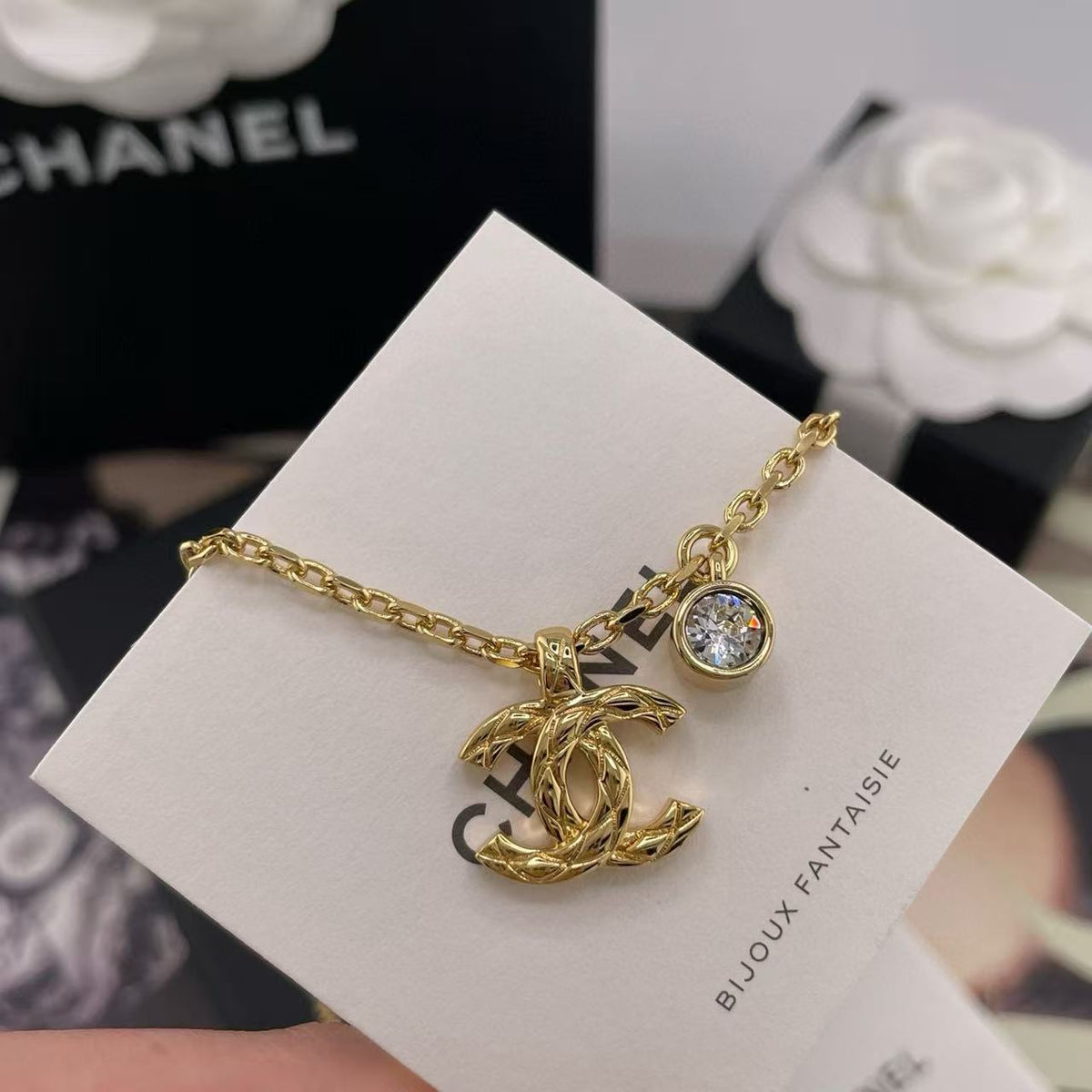 Double-C Emblem Pendant Necklace in Gold-Tone – Design 028 front product view