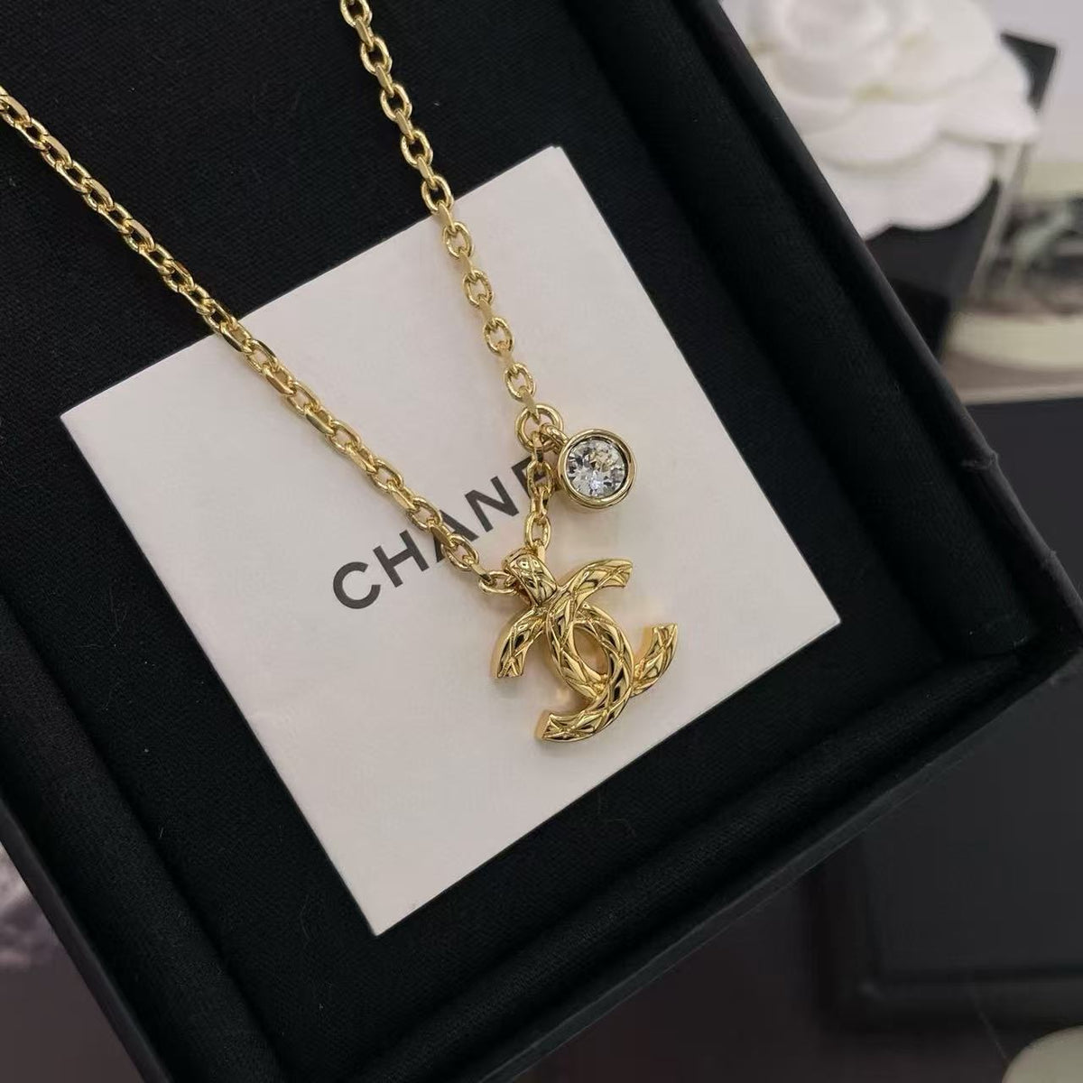 Double-C Emblem Pendant Necklace in Gold-Tone – Design 022 close-up detail
