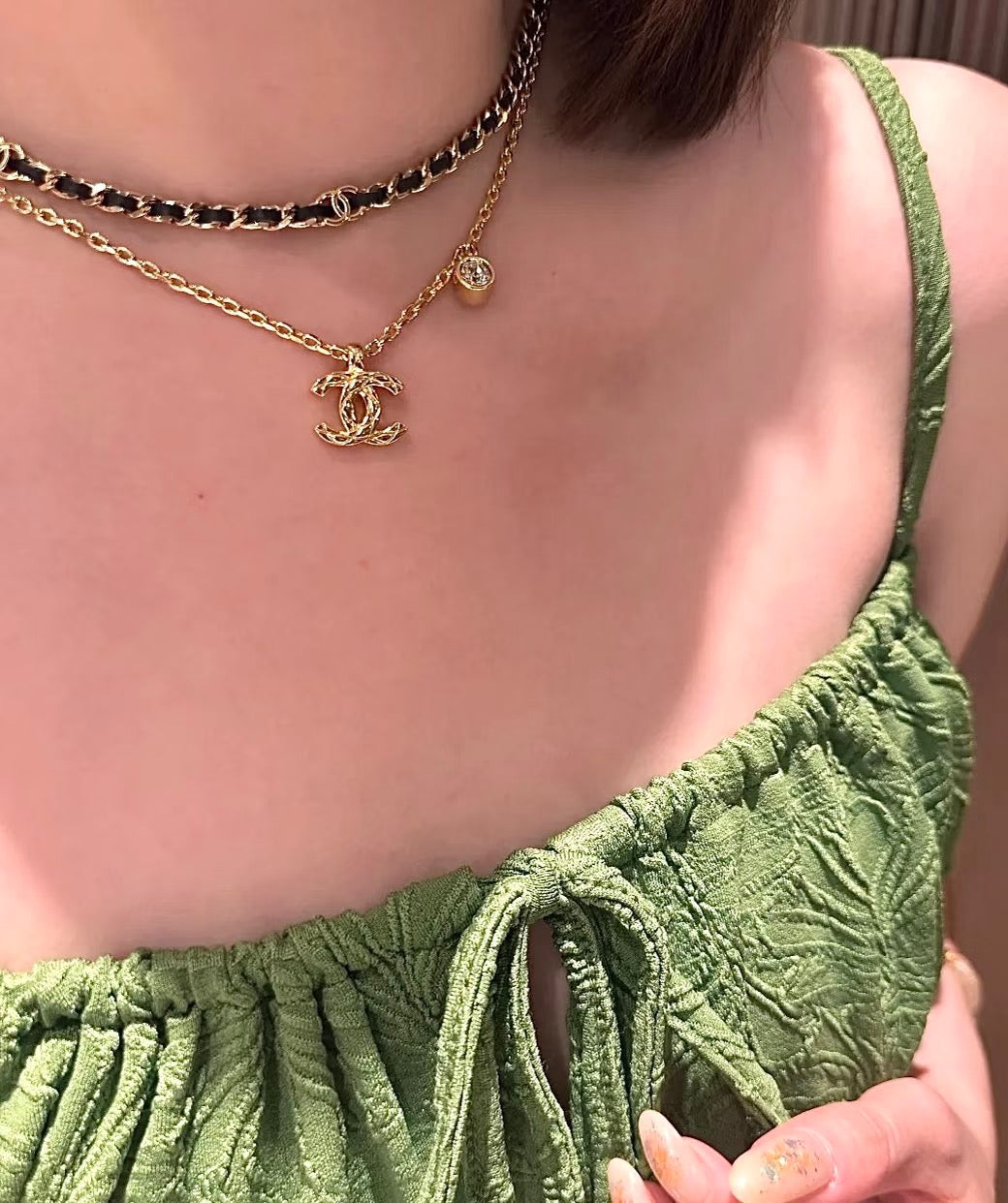 Double-C Emblem Pendant Necklace in Gold-Tone – Design 028 detail view