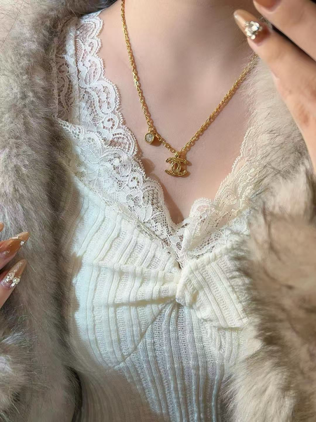 Double-C Emblem Pendant Necklace in Gold-Tone – Design 028 styled product view