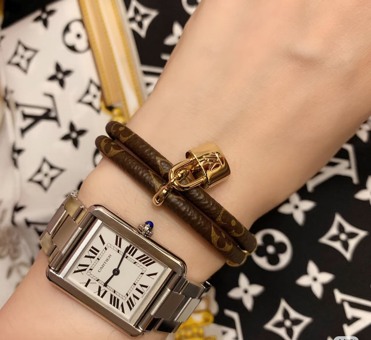 Letter Emblem Bangle in Polished Metal-Tone – Leather Detail – Design 002 detail view
