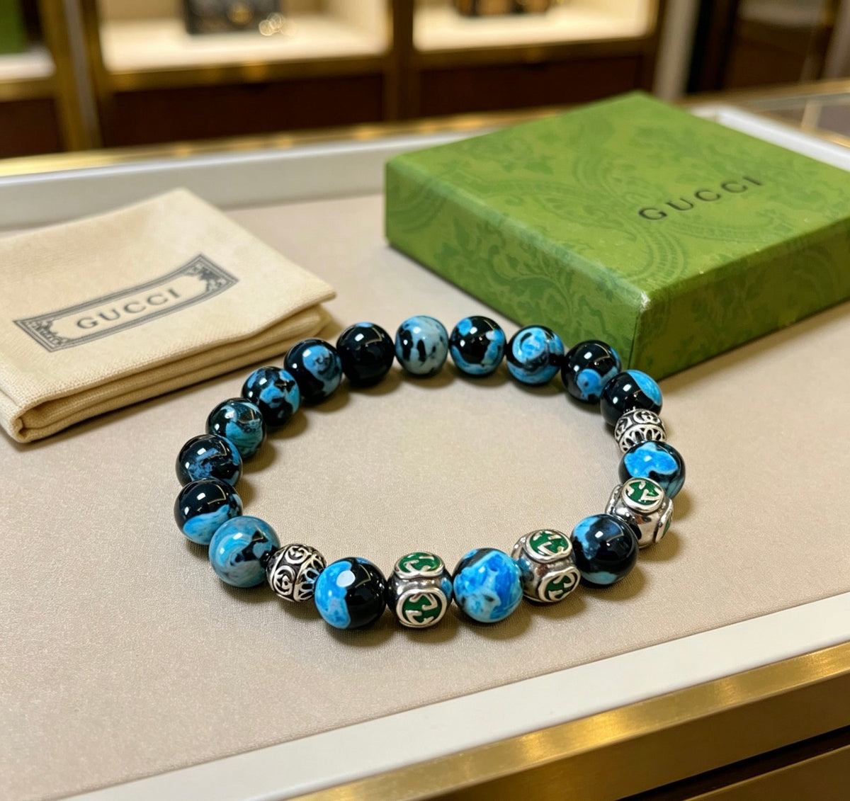 Double-G Emblem Beaded Bracelet in Polished Metal-Tone – Agate Detail – Design 027 main product view