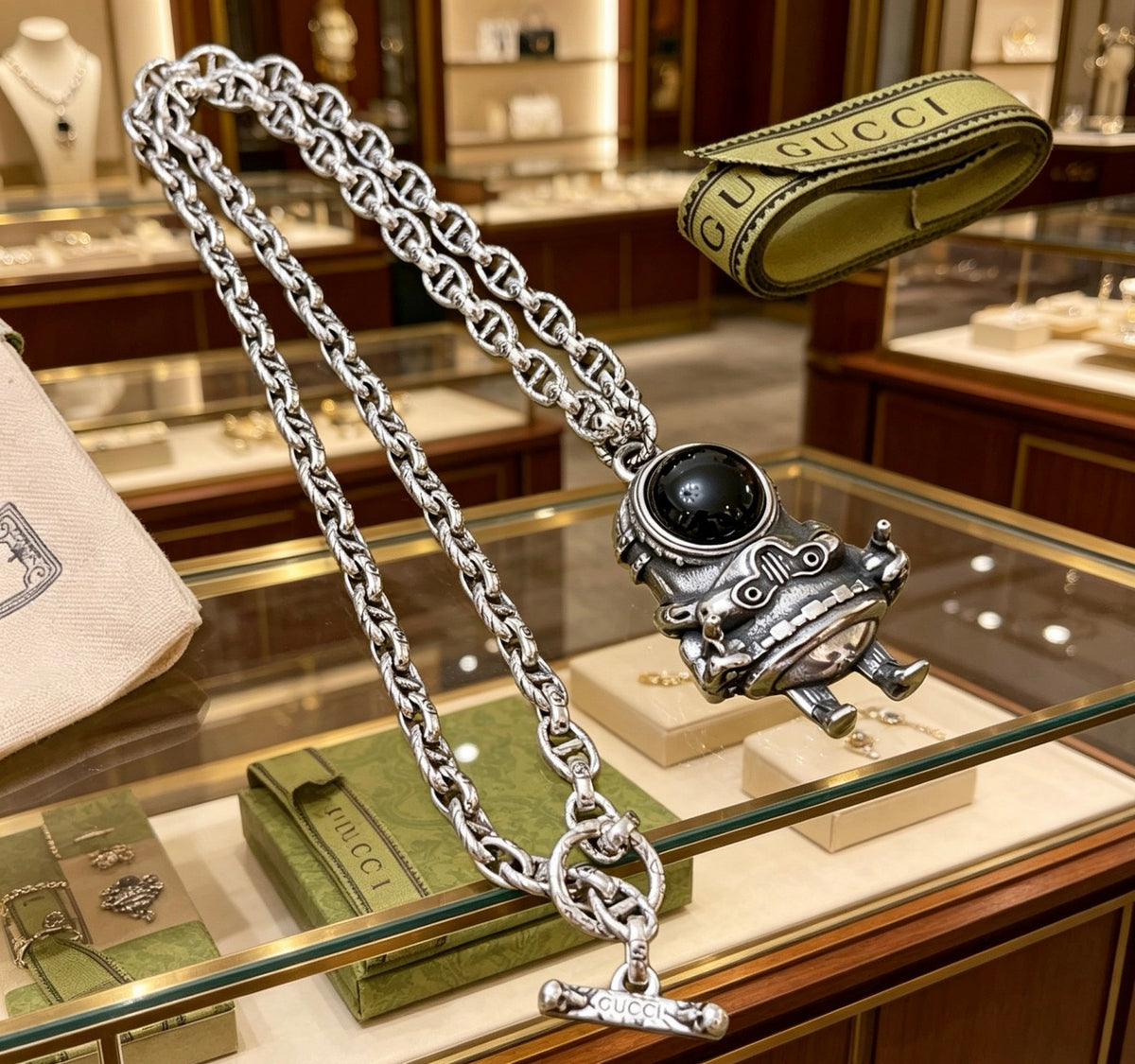 Double-G Emblem Pendant Necklace in Polished Metal-Tone – Design 257 front product view
