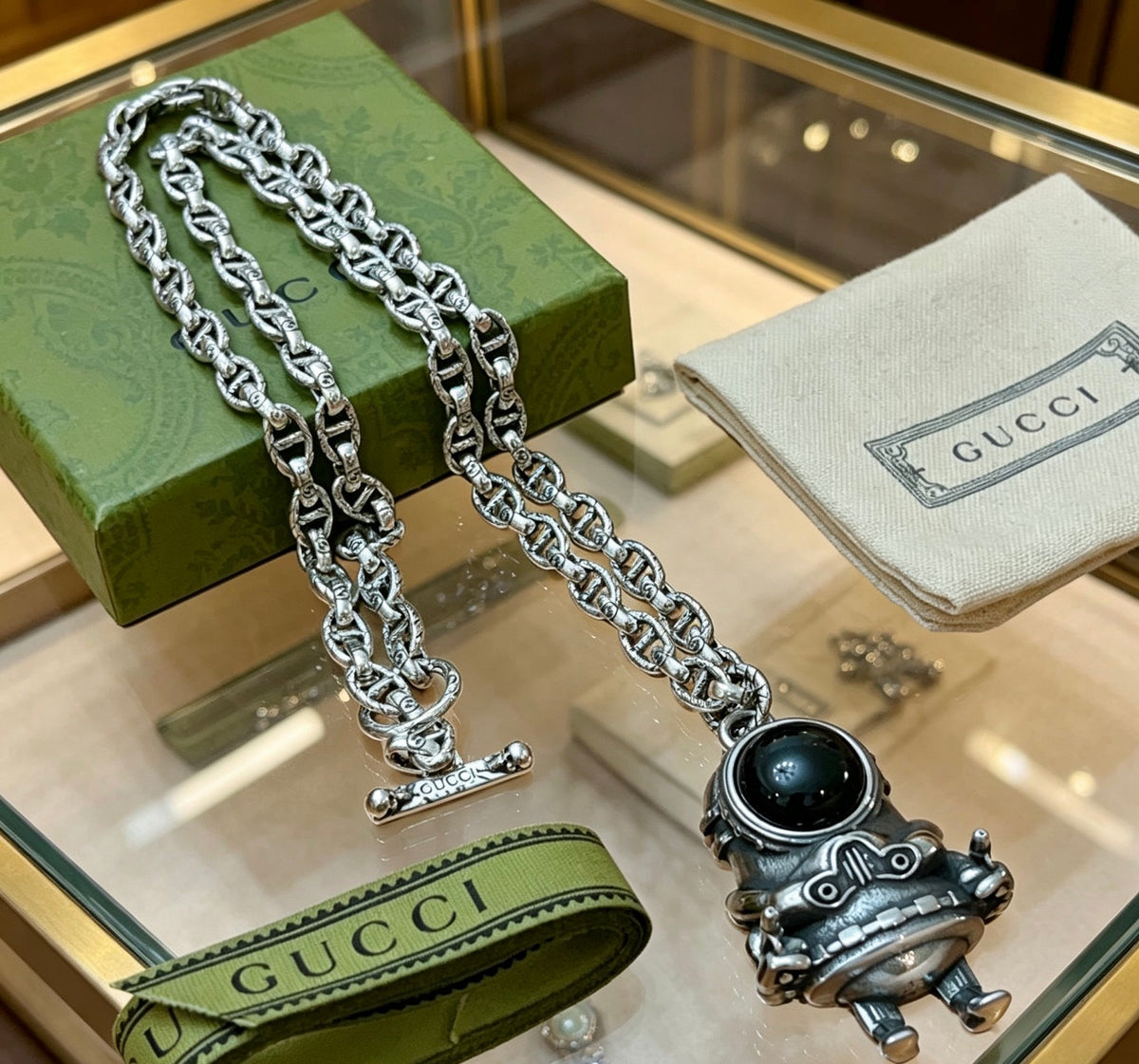 Double-G Emblem Pendant Necklace in Polished Metal-Tone – Design 243 styled product view