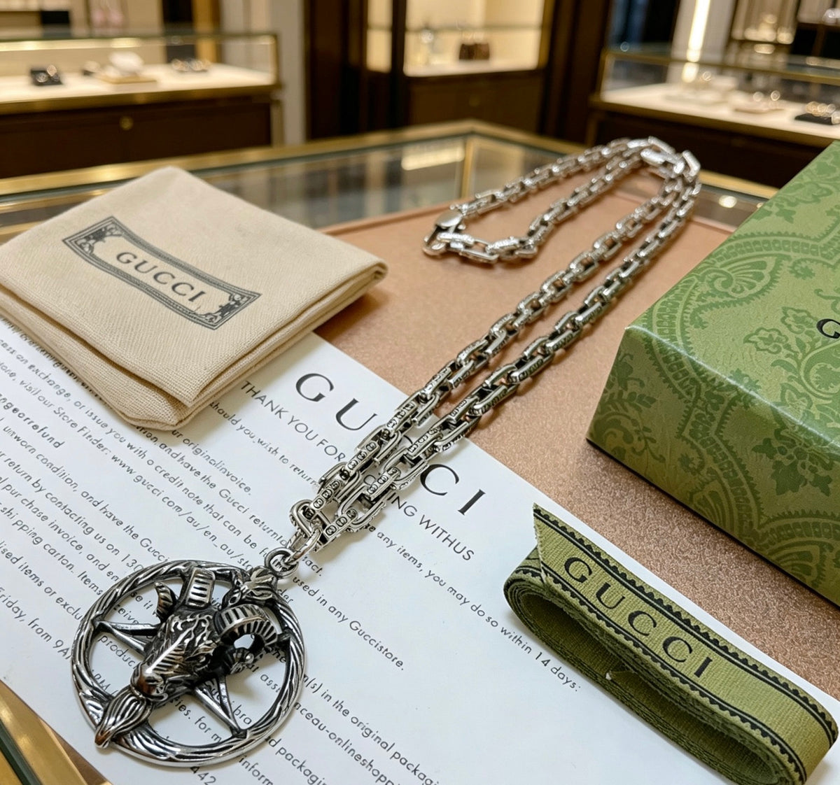 Double-G Emblem Pendant Necklace in Silver-Tone – Vintage Detail – Design 056 styled product view