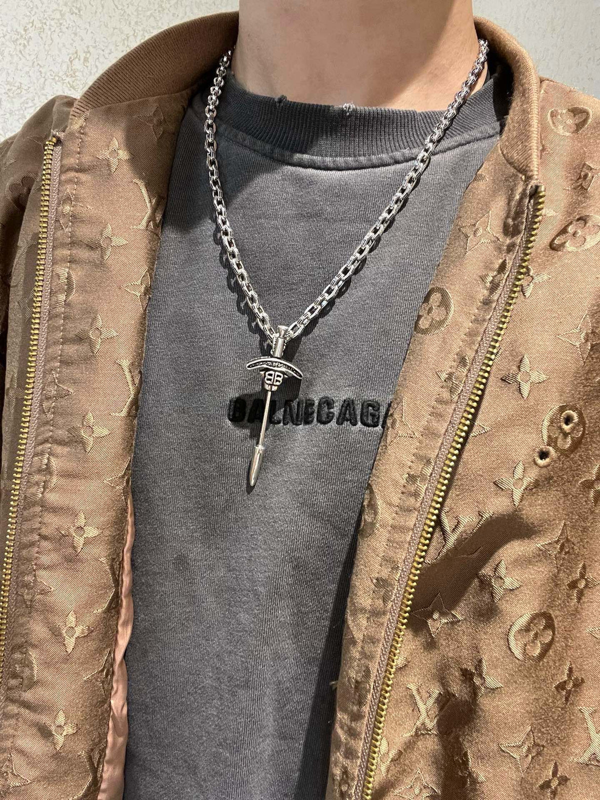 Geometric Emblem Pendant Necklace in Polished Metal-Tone – Vintage Detail – Design 083 styled product view