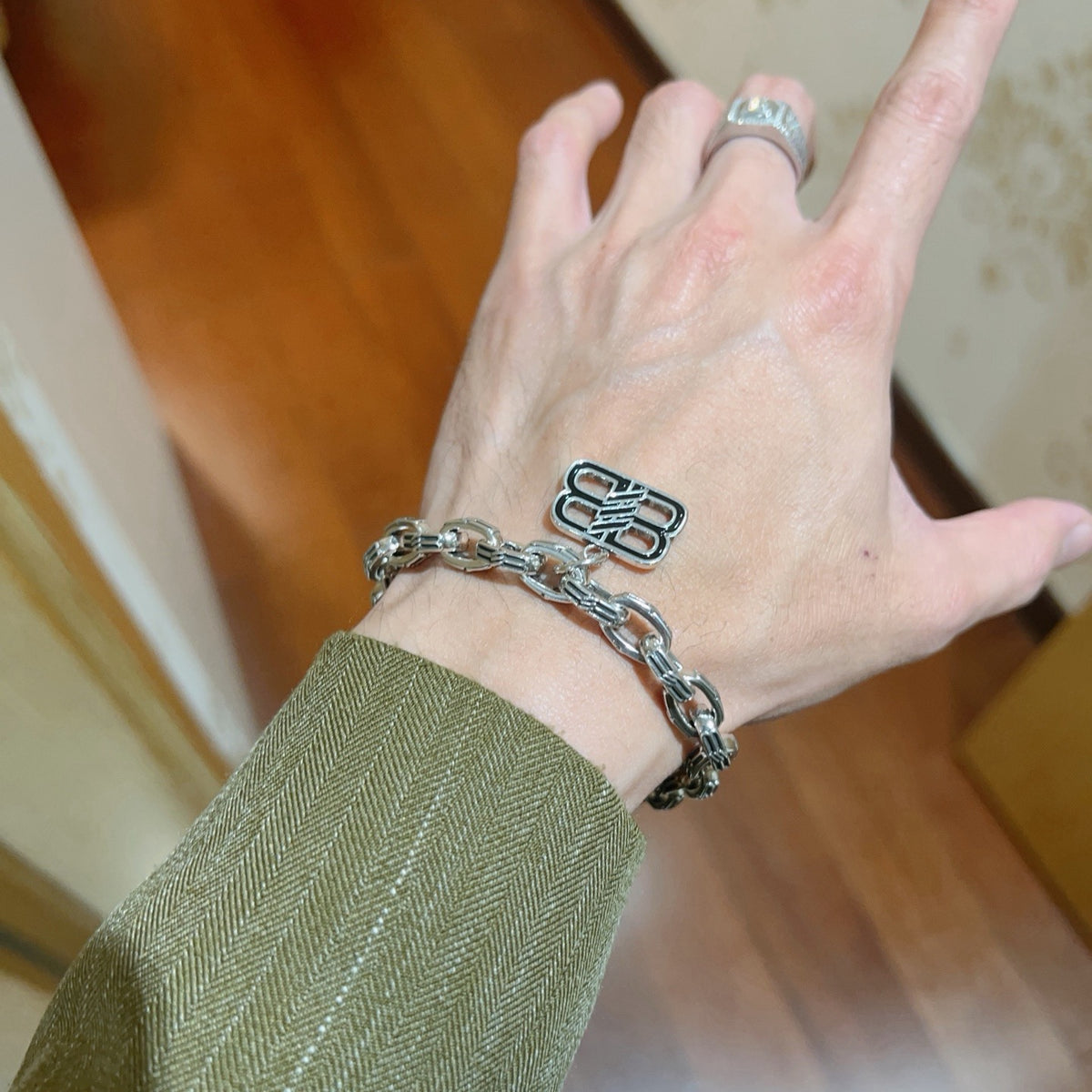 Geometric Emblem Bracelet in Polished Metal-Tone – Design 072 detail view