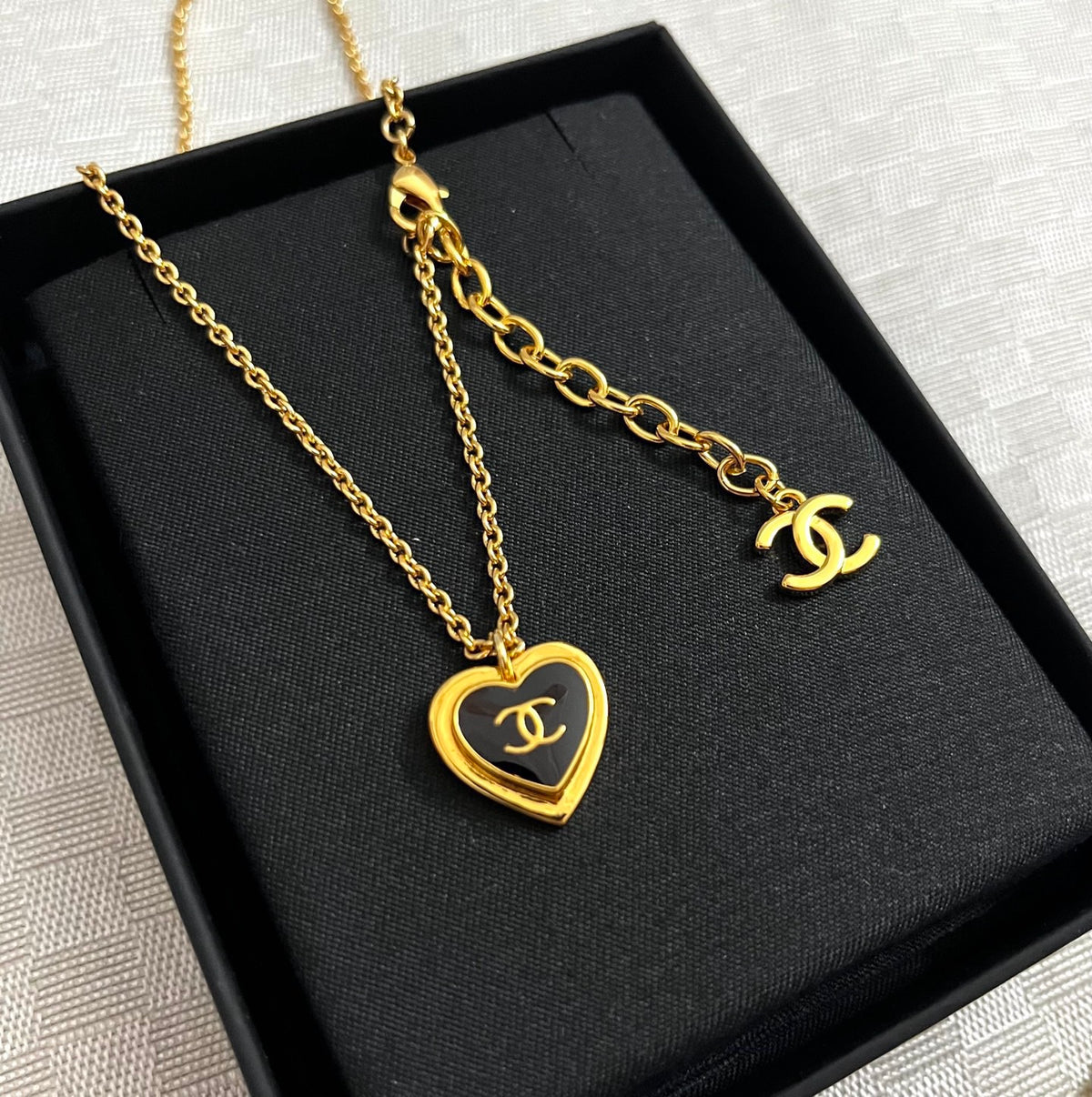 Double-C Emblem Pendant Necklace in Polished Metal-Tone – Design 085 detail view