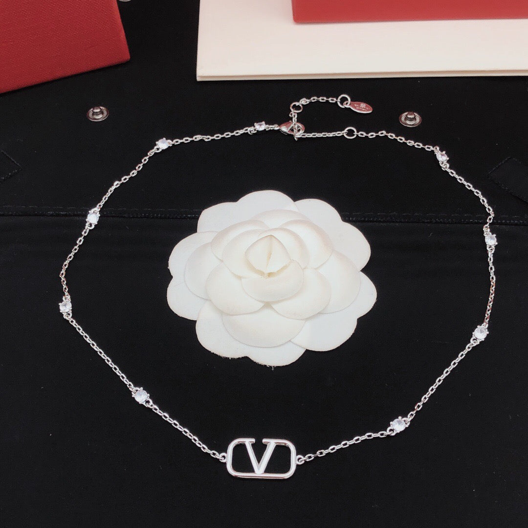 V Emblem Crystal-Accent Pendant Necklace – Design 06 styled detail