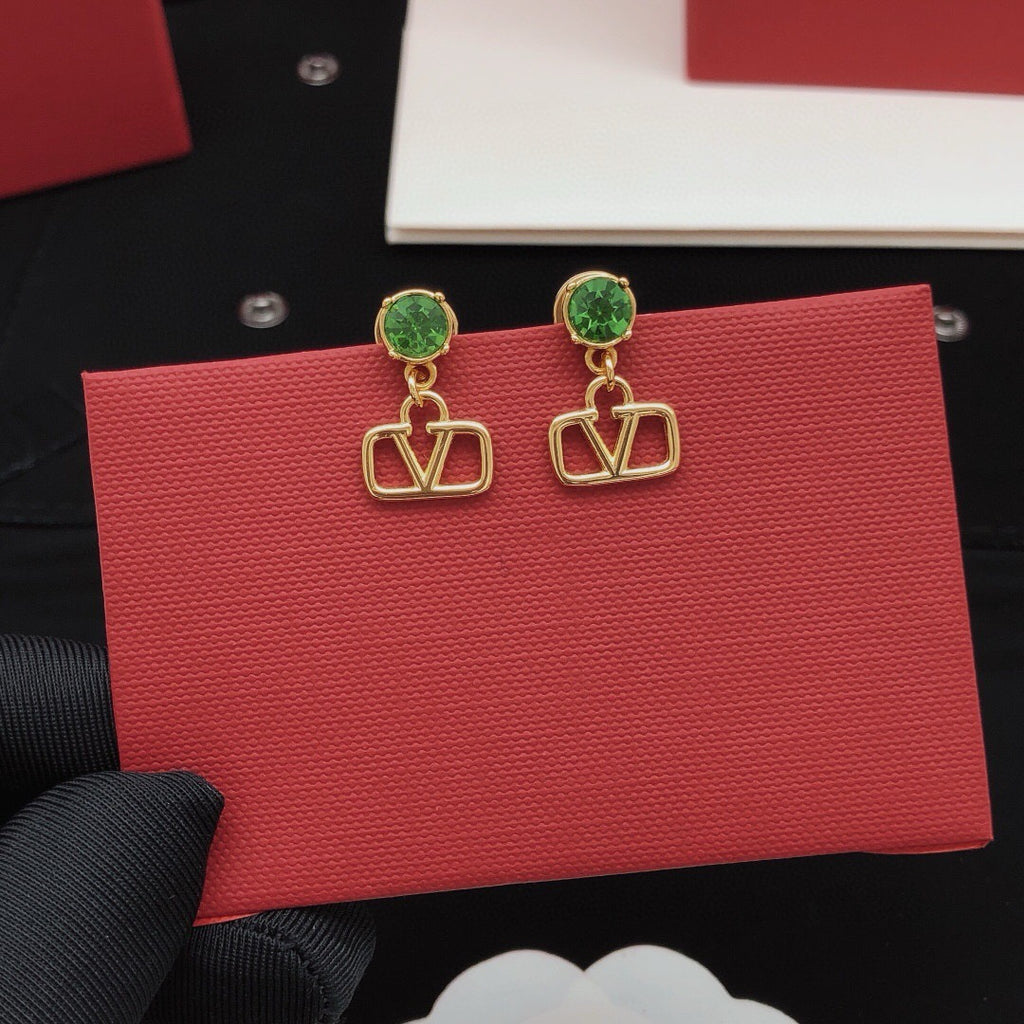 V Emblem Crystal-Accent Stud Earrings – Pink – Design 04 front view