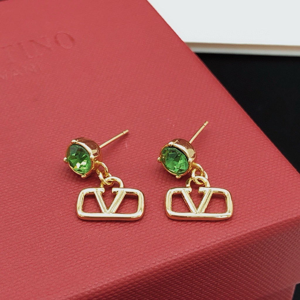 V Emblem Crystal-Accent Stud Earrings – Pink side detail