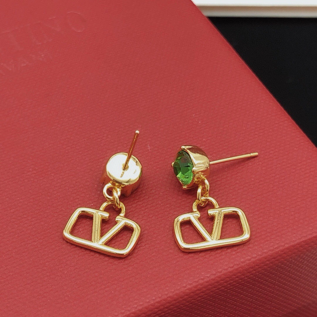 V Emblem Crystal-Accent Stud Earrings – Pink – Design 04 styled detail