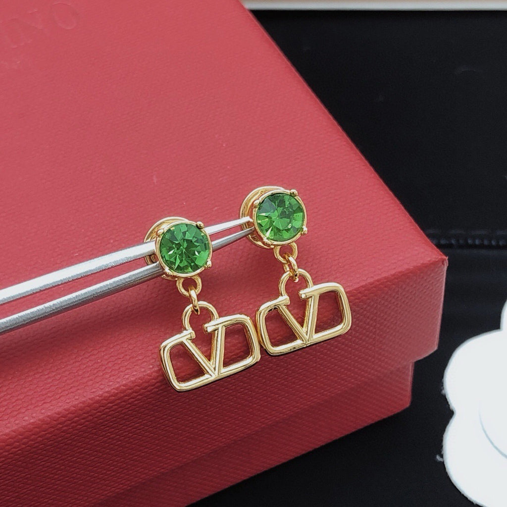 V Emblem Crystal-Accent Stud Earrings – Pink – Design 04 front view