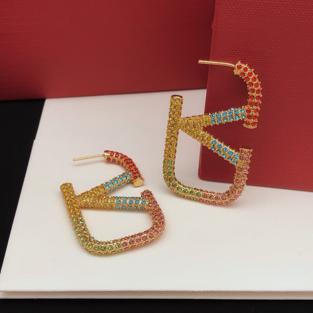 V Emblem Crystal-Accent Statement Earrings – Design 02 side detail