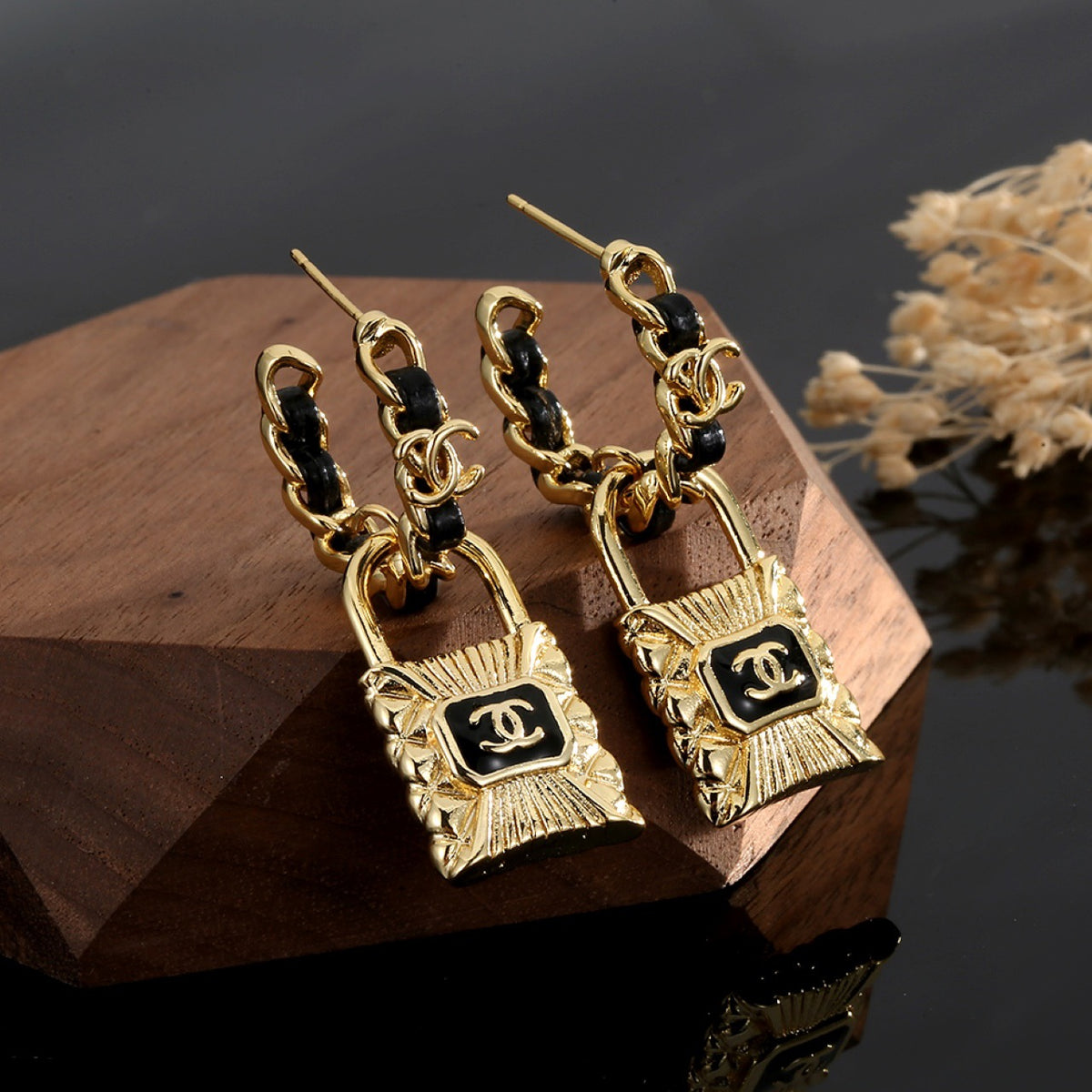 Double-C Emblem Stud Earrings in Gold-Tone – Design 045 close-up detail