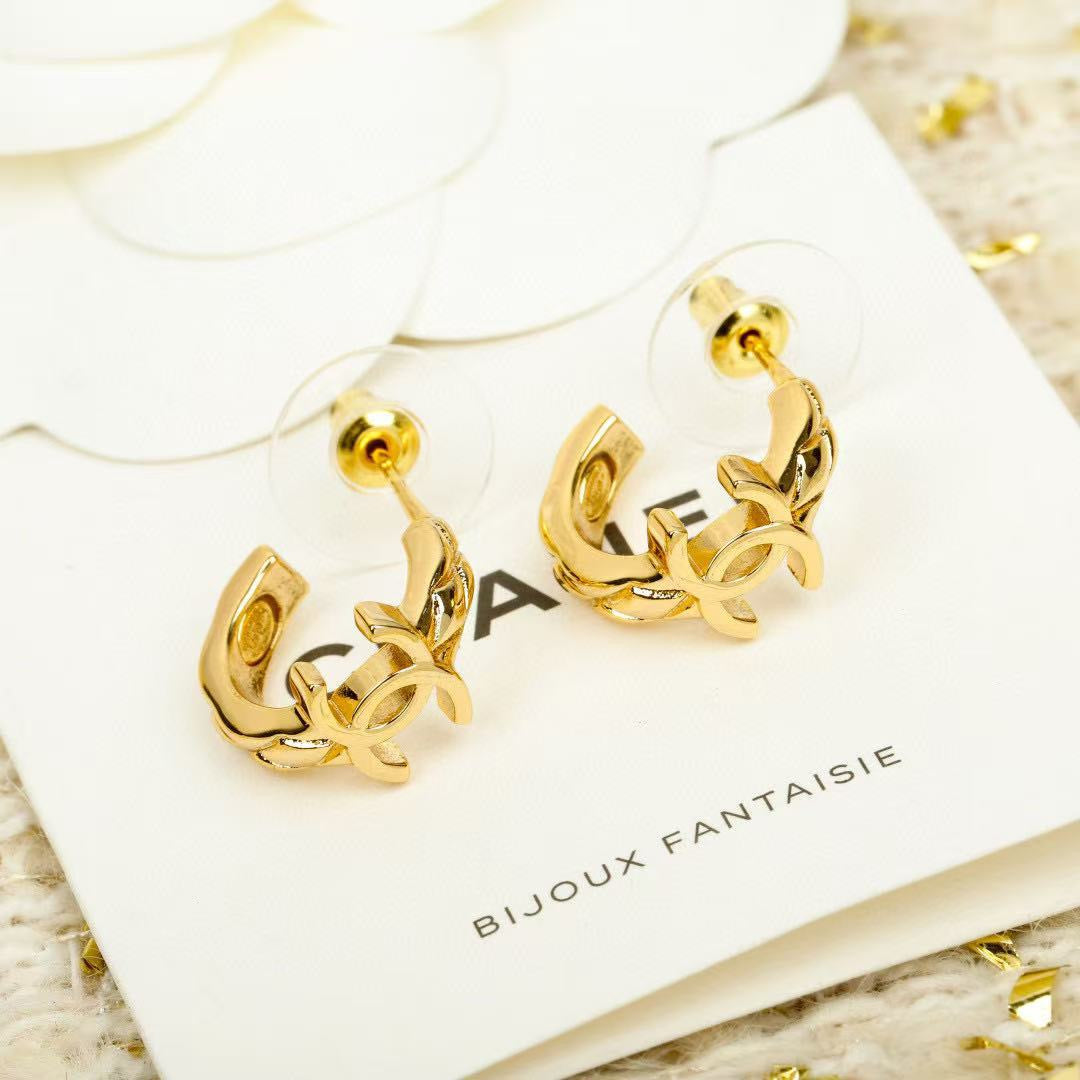 Double-C Emblem Stud Earrings in Gold-Tone – Design 044 styled product view