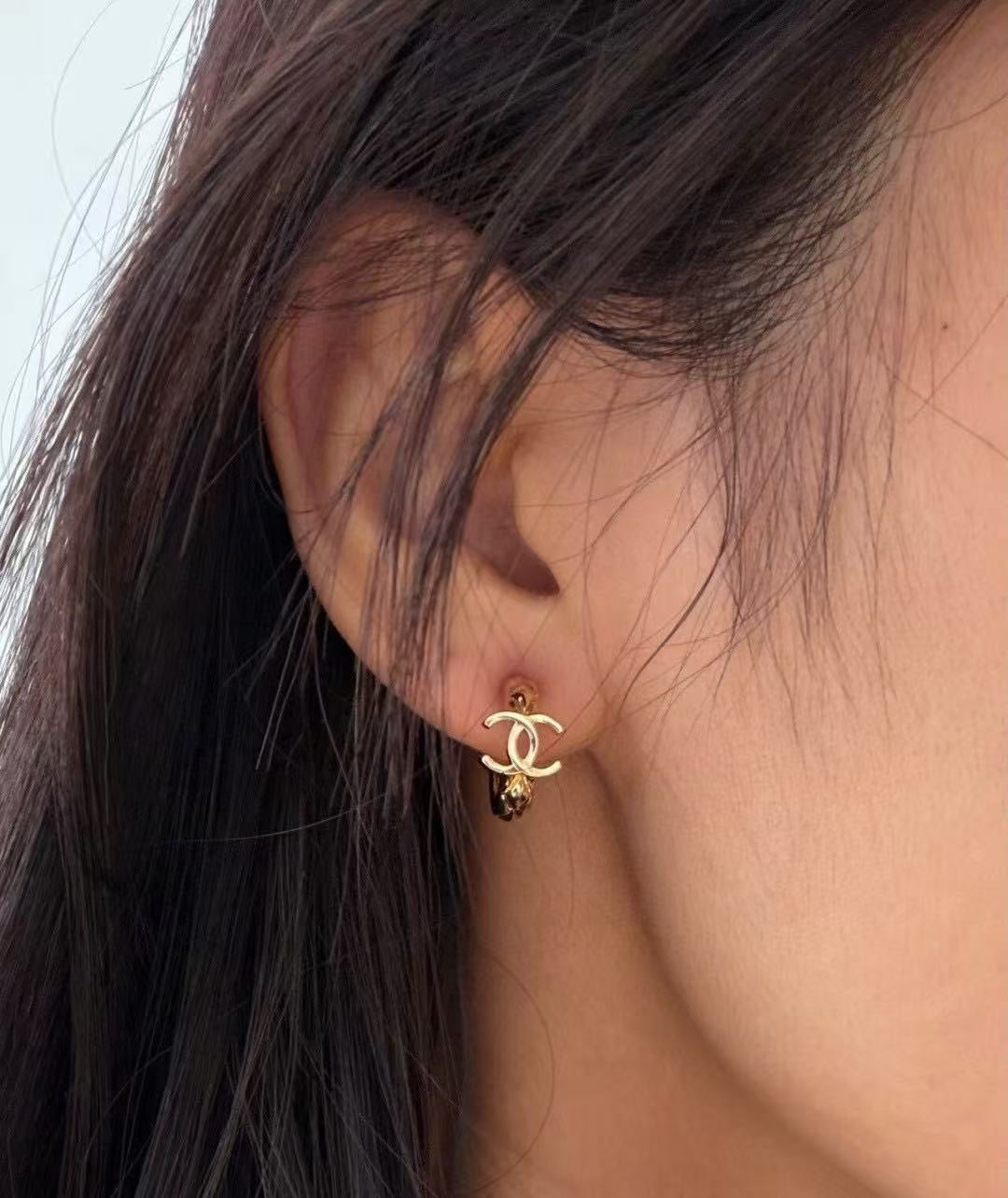 Double-C Emblem Stud Earrings in Gold-Tone – Design 049 front product view