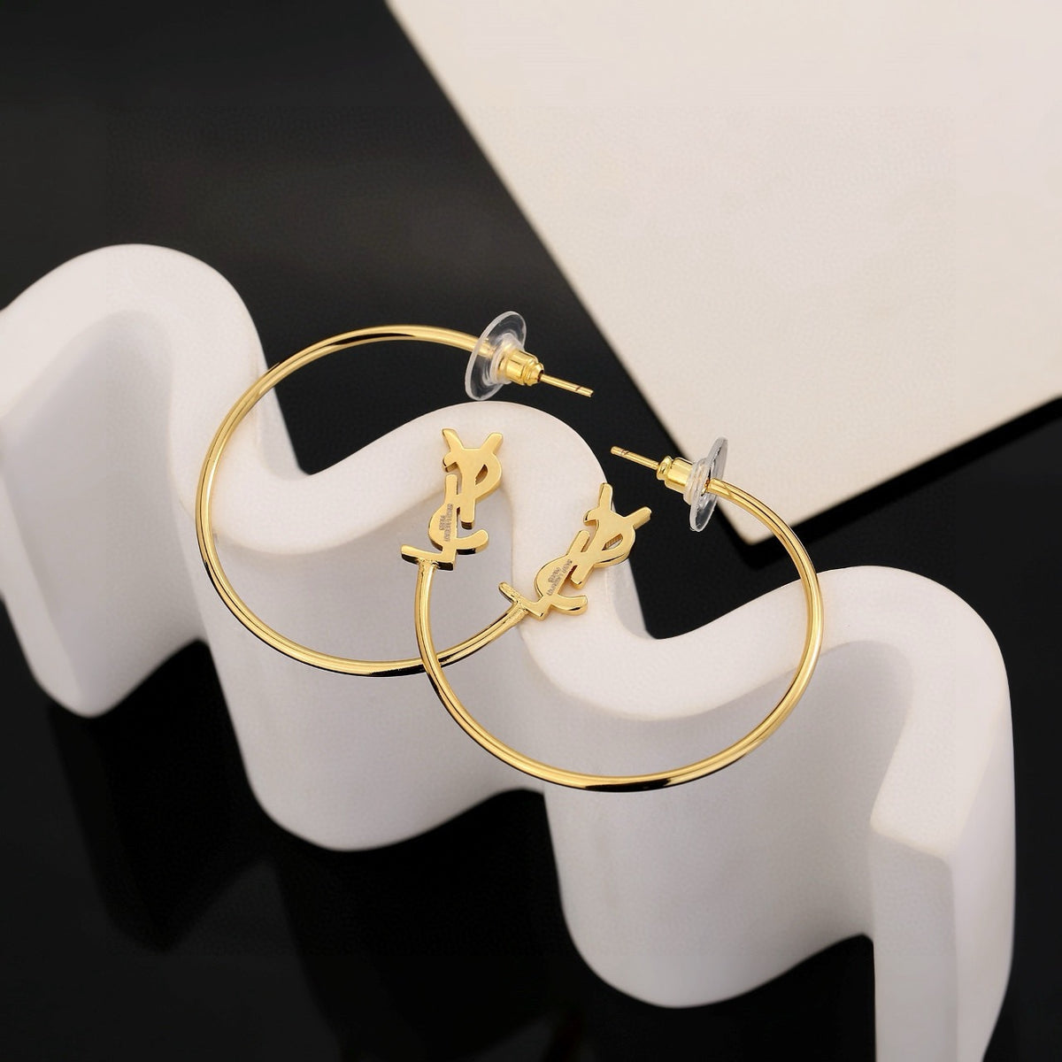 Geometric Emblem Stud Earrings in Polished Metal-Tone – Design 011 side detail