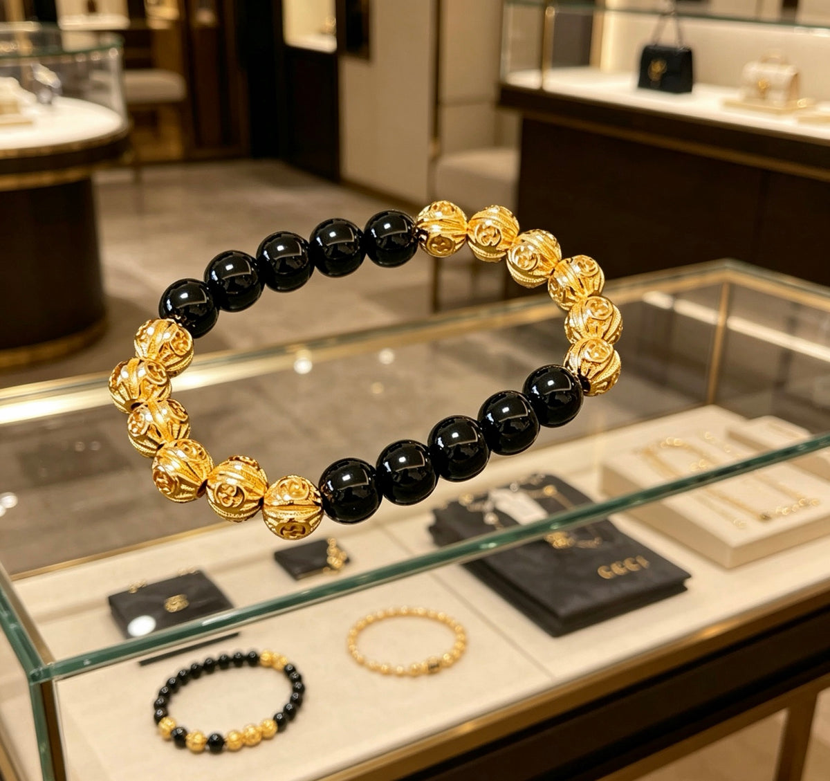 Double-G Emblem Beaded Bracelet in Polished Metal-Tone – Agate Detail – Design 028 detail view