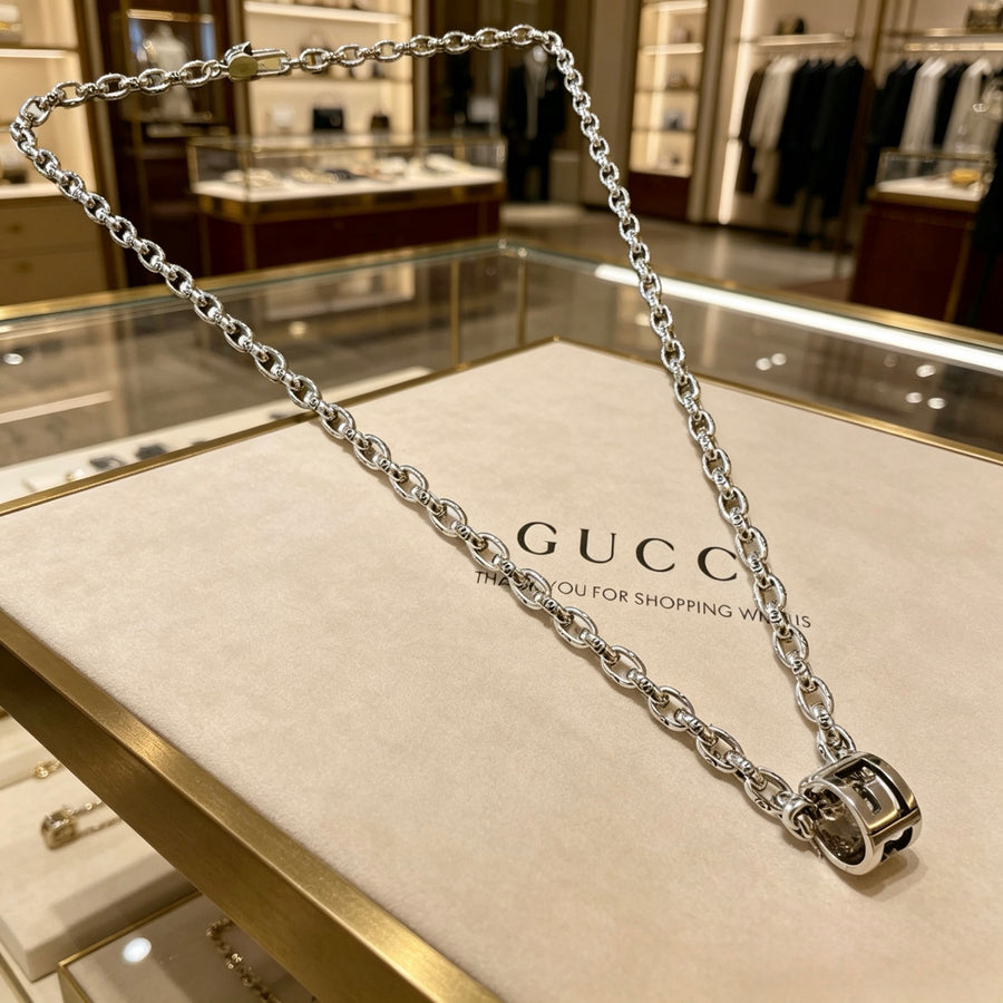 Double-G Emblem Pendant Necklace in Polished Metal-Tone – Vintage Detail – Design 079 main product view